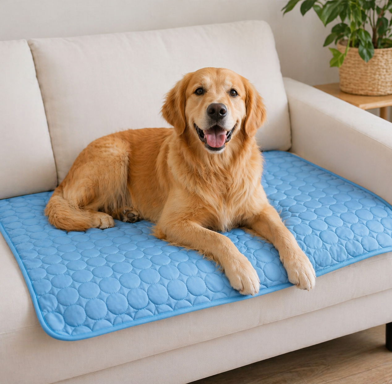 CanisCool Cooling Mat in Blue with Golden Retriever