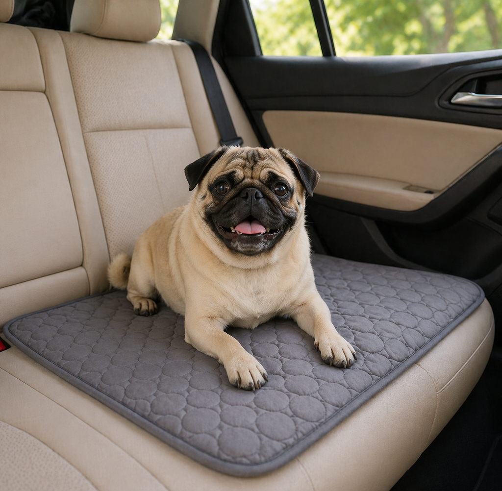 Pug on grey CanisCool Cooling Mat