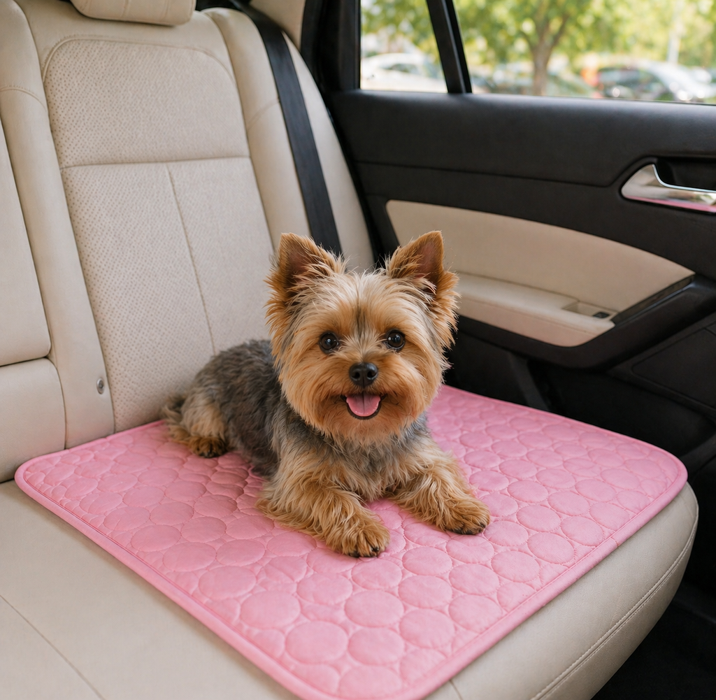 Yorkie on pink CanisCool Cooling Mat